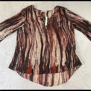 Julian Love womens long sleeve see through red clay blouse size Large